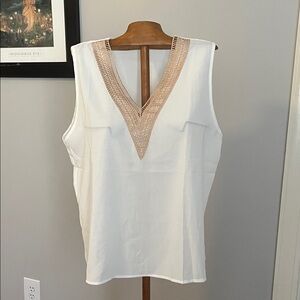 Elegant White Sleeveless Top with Gold Accents